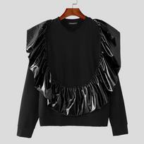 INCERUN Men Round Neck Long Sleeve Shiny Finish Ruffled Patchwork Loose T-shirts S juoda