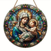 1pc 2d Flat Wood Christian Religion Mary Suncatcher, Translucent Stained Window Hanging, Round Wooden Sign- 20cm Porch, Wall, Home, Room, Cafe Holiday 20cm*20cm gray