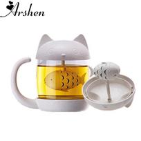 Arshen 250 ml Stiklinis Puodelis Katės Formos Kviečių Pluošto Mielas Katės Puodelis Su Žuvies Formos Plikymo Sieteliu Filtru Arbatos Puodeliai Namams Biurui Dovanos 201-300ml