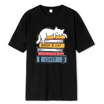 White Cat Sleeping On A Pile Of Books Print Clothing Men High Quality T-Shirt Summer Cotton T-Shirts Loose Tops S