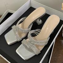 Vasaros Seksualūs PVC Skaidrūs Atviri Pirštai Krištoliniai Siauros Juostelės Šlepetės Moterims Banketui Žemi Kulnai Batai Zapatos Mujer 35