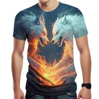 Summer 3D Printed T-shirt Men's Wolf Pattern Round Neck Short Sleeved T-shirt S blue