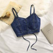 Women's Denim Camisole: Stylish Summer Outerwear with Unique Straps, Slimming Fit, and Cropped Design one size (for 40-57.5 kg) mėlyna