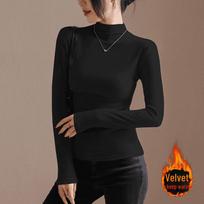 Women's Slim Fit Pleated Long-Sleeve German Velvet Turtleneck Top for Autumn/Winter L