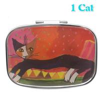 Family Cats Moonlight Pill Box Holder Storage Organizer Case W/Inner Mirror 1 cat black