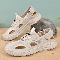 Summer Sandals Men's Tide Leather Toe Cap Outdoor Leisure Sports Hollow Sandals Beach Shoes Handmade Mesh Men Shoes 38 smėlis