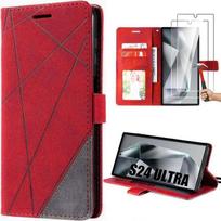 Case for Samsung Galaxy S24 Ultra with 2 Tempered Glasses - Red Synthetic Leather
