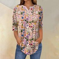 Women's 3/4 Sleeve Easter Egg Bunny Print Button Collar Fashion Casual Top L