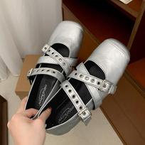 Silver ballet style square head light mouth low heel single shoes women's 2025 new summer retro versatile soft sole Mary Jane shoes 35 sidabras
