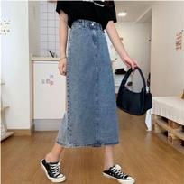 Women's Retro Hong Kong Style Denim Skirt - 2022 Summer High Waist Slim Fit with Back Slit, Mid-Length A-Line Large
