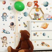 2 Pcs Cartoon Astronaut Planet Rocket Bedroom Living Room Home Background Beautification Wall Stickers 30*90cm*2pcs/fun-c67
