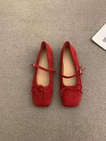 French fairy square head light mouth ballet shoes female autumn skirt single shoes blue light mouth soft sole Mary Jane shoes 35 raudona