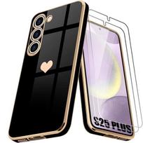 Coque Silicone pour Samsung Galaxy S25 Plus (Galaxy S25+), Motif Cœur Antichoc Souple Anti-Rayures Noir + 2 Verres Trempés juoda
