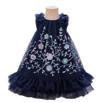Girls Flower Embroidery Party Tutu Dress Kids Blue Christening Wedding Prom Dresses Girl Summer Fashion Children Holiday Clothes 130cm tamsiai mėlyna spalva