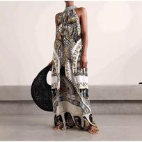 Women Summer O Neck Patchwork Party Dress Sleeveless Printing Fashion Maxi Dress Lace-Up Loose Ladies Dress M