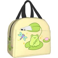 Kawaii Frog and Dragonfly Insulated Lunch Box Bento Box Reusable Waterproof Lunch Bag with Pocket for Travel Office Picnic 22x20x13CM smėlis