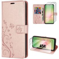 Case for Samsung Galaxy A56 5G - BOOLING - Pink Synthetic Leather Butterfly Plant Pattern - 2 Tempered Glasses rožinė