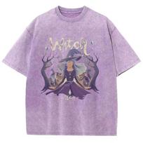Distressed Harajuku Style Witch Print Women's T-Shirt Oversized Washed Short Sleeve Fabric Comfortable Unisex Tees S