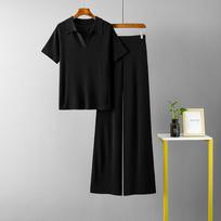 GMXIA Women's Polo Collar Puller Short-sleeved Top + Slimming and Versatile Solid-color Wide-leg Long Pants Knitted Fashion Set One Size juoda
