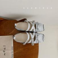 Vintage cross-button square head ballet shoes women's thick heel single shoes bow Mary Jane shoes 35 pilka spalva