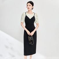 2024 Summer Women's Elegant Waist-Slimming Short-Sleeve Faux Two-Piece Dress M juoda