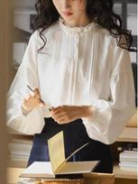 Nesolum Women's White Frill Stand-Up Collar Shirt - Autumn French Retro Long-Sleeve Loose Top Small balta
