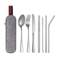 Stainless Steel Tableware Set Straw Knife Fork Spoon Chopsticks Seven-piece Set Outdoor Camping Travel Portable Tableware One Size sidabras