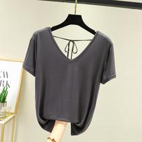 Women's Korean Style Slim Fit Backless V-Neck Short Sleeve Summer T-shirt, Plus Size Available M