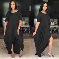 European and American Minimalist Loose-Fit Short-Sleeve Irregular Hem Solid Color Casual Dress. Medium juoda