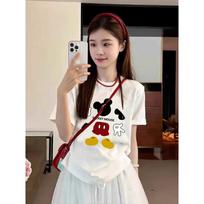 White foreign style age-reducing Mickey print short-sleeved t-shirt women's 2025 new summer loose pure cotton European half-sleeved top S