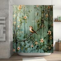 1Pc Nature-Inspired Wildflowers & Birds Shower Curtain, Vibrant Green Vines & Pink/White Flowers, Modern Bath Decor W60H190(CM)-1 Pcs