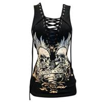 Yousheng Women Summer T-shirt V-Neck Lace-up Adjustable Straps Sleeveless T-Shirt Letter Skull Printing Slim Fit Punk Style Pullover Tops XL juoda