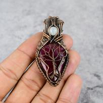 Ruby and Moonstone Gemstone Pure Copper Wire Wrap Handmade Jewelry Pendant 2.55 inches raudona