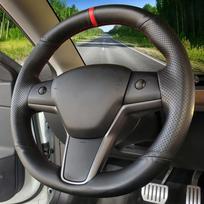 Neslystantis dirbtinės odos pynimas automobilio vairo dangtelis, skirtas Tesla Model 3 2015 2016 2017 2018 2019 2020 Model Y 2019 Black Thread