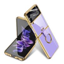 Raštuotas kietas žiedo laikiklio dėklas, skirtas Samsung Galaxy Z Flip 4 5g, dangtelis su galvanizuotu rėmeliu, objektyvo stiklas, Fundas Case Only violetinė