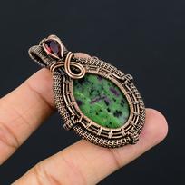 Beautiful Ruby Zoisite Gemstone Pure Copper Wire Wrapped Handmade Pendant Jewelry 2.36 Inches žalia