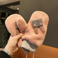 Ins Cartoon Cute Gloves Women Mittens Hanging Neck Winter Plush Student Christmas Snow Fingers Warm Thicken Animal Girl One Size