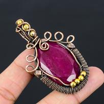 Lab-Created Ruby Gemstone Pure Copper Wire Wrapped Handmade Pendant Jewelry 2.56 Inches rožinė