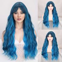 MISS WIG Ilgi mėlyni sintetiniai perukai Natūralūs banguoti su kirpčiukais Aukštos temperatūros pluošto perukai moterims Cosplay Party kasdieniai perukai 65CM