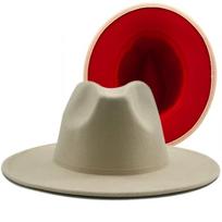 New Outer cream Inner green Wool Felt Jazz Fedora Hats with Thin Belt Buckle Men Wide Brim Panama Trilby Cap 56-58CM 56-58CM Adjustable