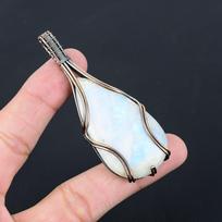 Rainbow Moonstone Gemstone Pure Copper Wire Wrapped Handmade Pendant Jewelry 3.15 Inches balta