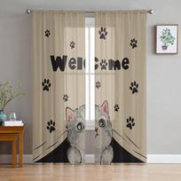 Cat Paw Retro Cute Window Curtains Sheer Chiffon Tulle Curtain Home Living Room Backdrop Decoration 135W x 114H(cm) white