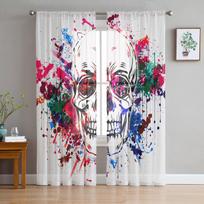Akvarelės tapybos menas Skull Skull Tiulis užuolaidos svetainei Permatomos užuolaidos Miegamojo Voile Dekoratyvinės langų procedūros 135W x 114H(cm) white