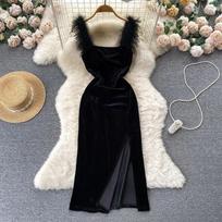 Chic Sexy Solid Split Slip Dress Sexy Off Shoulder Elegant Evening Party Robe Women Vintage Hip Wrap Ceremonial Dress One size juoda