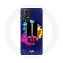 Coque pour Samsung Galaxy A52 Bangtan Sonyeondan BTS Logo Noir Fond Abstrait Bleu Jaune Et Rose