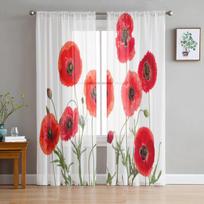 Raudonų aguonų gėlių tiulio permatomos langų užuolaidos svetainei, miegamajam, modernios šifono voilo užuolaidos, audinio drapiruotės 135W x 114H(cm) red