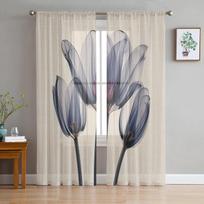 Flower Tulip Transparent Blue Bedroom Transparent Sheer Curtains Holiday Decoration Window Voile Tulle Curtain 135W x 114H(cm) gray