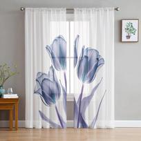 Flower Tulip Transparent Blue Bedroom Transparent Sheer Curtains Holiday Decoration Window Voile Tulle Curtain 135W x 114H(cm) white