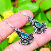 Natural Blue Topaz Gemstone Handmade 925 Sterling Silver Earring 1.73  Y8L84