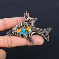Unique Spiny Oyster Turquoise Gemstone Handmade Pure Copper Wire Wrapped Fish Pendant Jewelry 2.28 Inches mėlyna